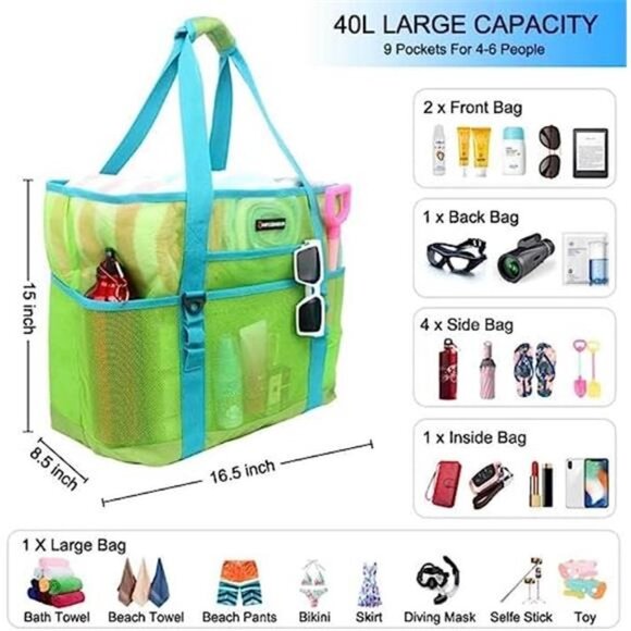 Mesh Beach Bag 40L Large with 9 Pockets Bag Green - Picture 2 of 6